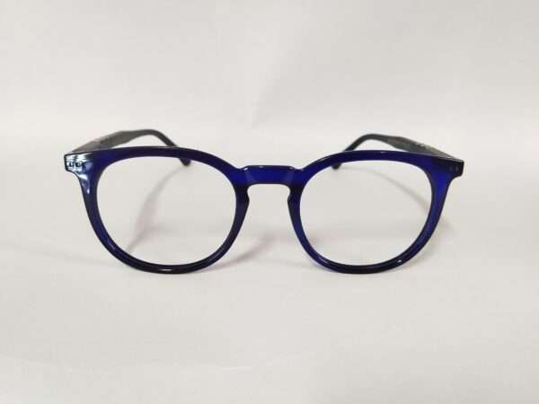 Navy blue eyeglass frame with a modern, lightweight design and rectangular lenses, suitable for both men and women