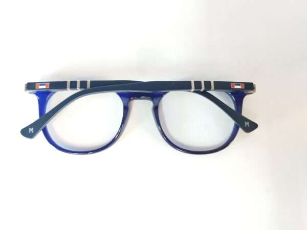 Navy blue eyeglass frame with a modern, lightweight design and rectangular lenses, suitable for both men and women