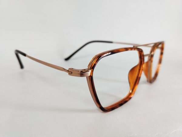 Stylish new eyeglass frames in brown, black, and silver featuring a bold tiger-themed design
