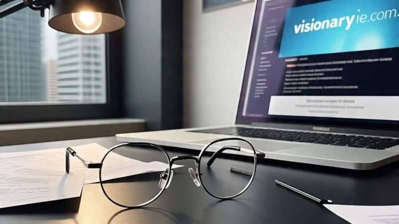 “Stylish blue light blocking computer glasses for men from Visionaryie.com displayed on a wooden desk with a laptop in the background.”