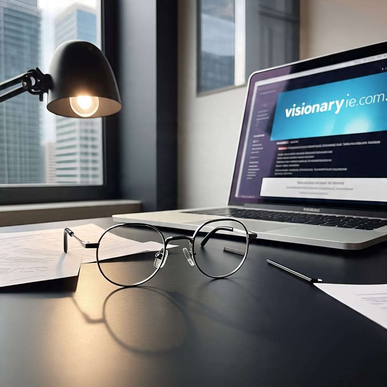 “Stylish blue light blocking computer glasses for men from Visionaryie.com displayed on a wooden desk with a laptop in the background.”