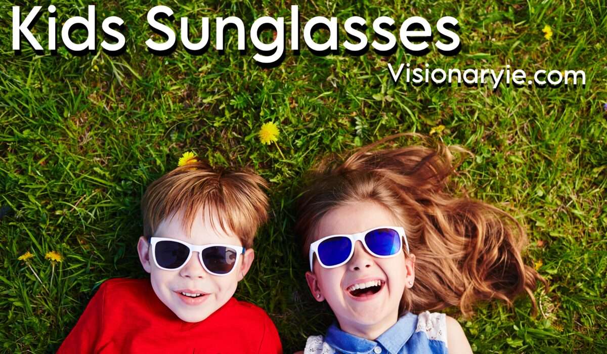 Child smiling in bright sunlight wearing colorful, UV-protective kids sunglasses from Visionaryie.com, perfect for outdoor eye protection and style.