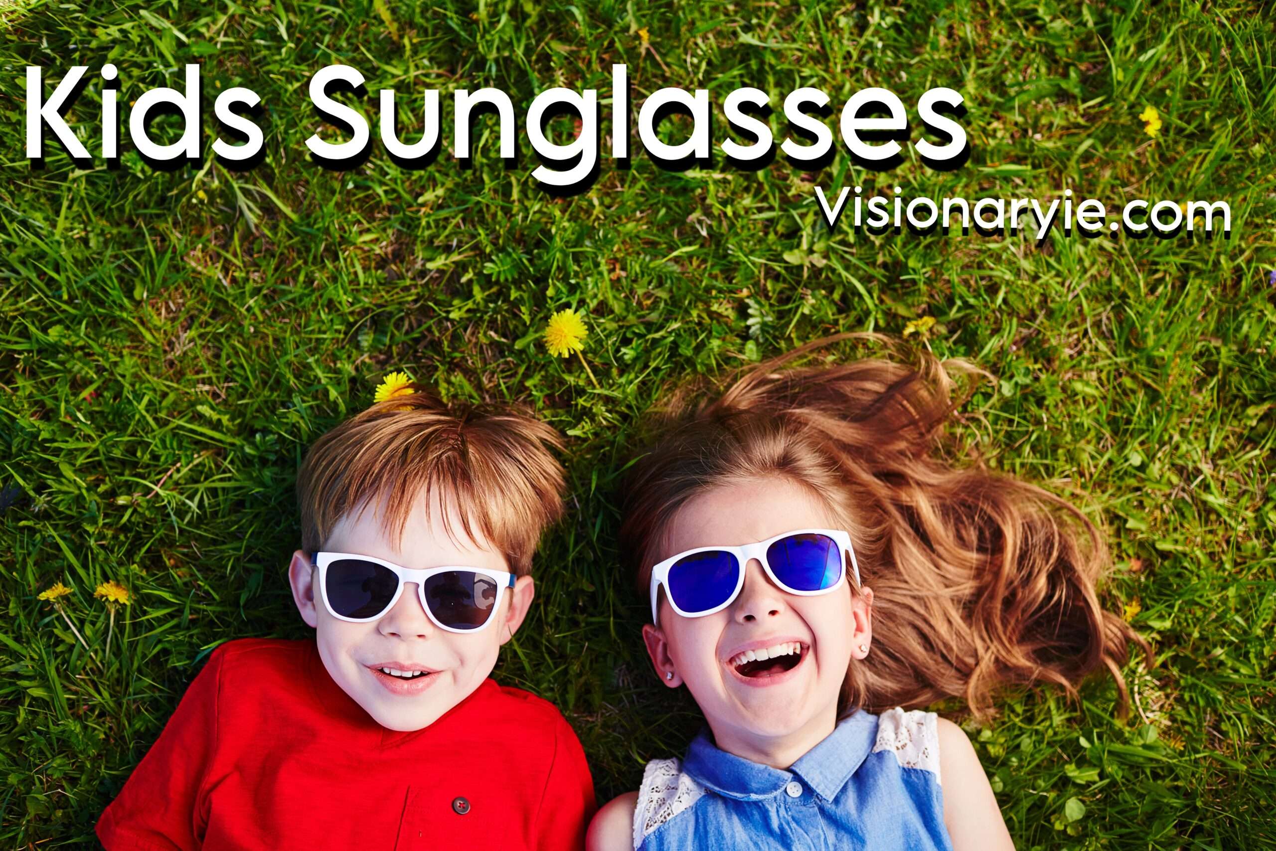 Child smiling in bright sunlight wearing colorful, UV-protective kids sunglasses from Visionaryie.com, perfect for outdoor eye protection and style.