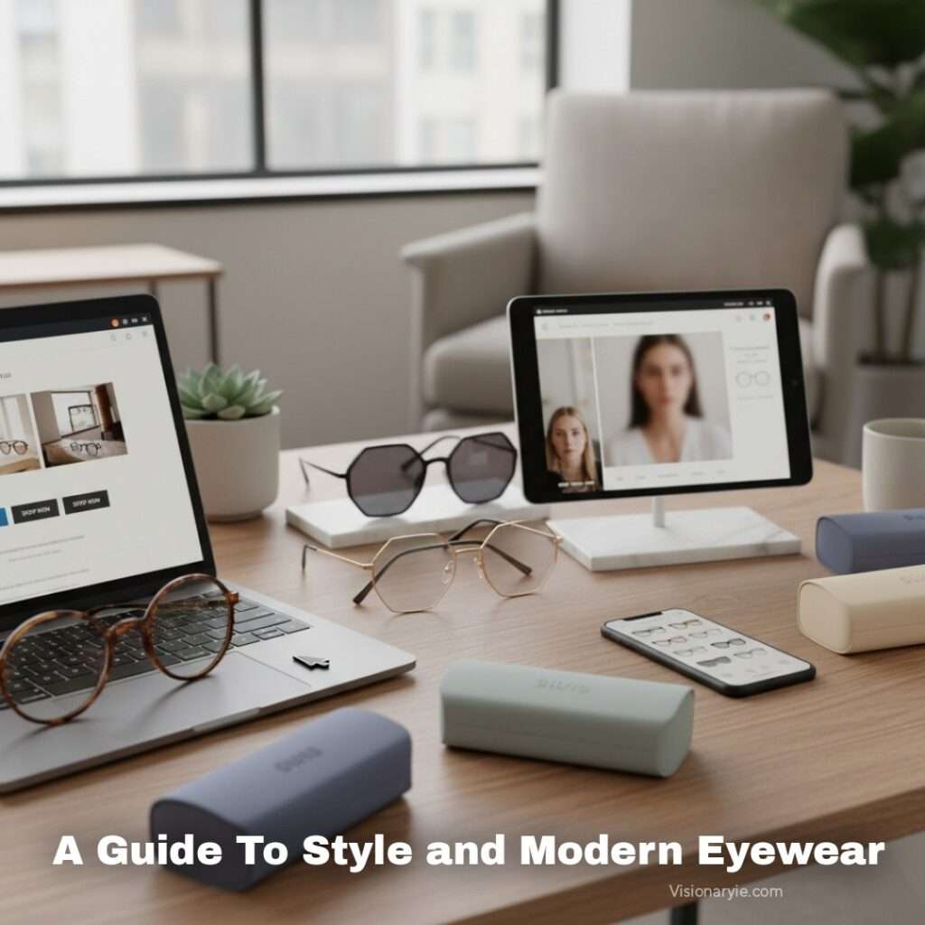 A stylish pair of modern eyewear showcasing sustainable frames for online shopping at visionaryie.com.