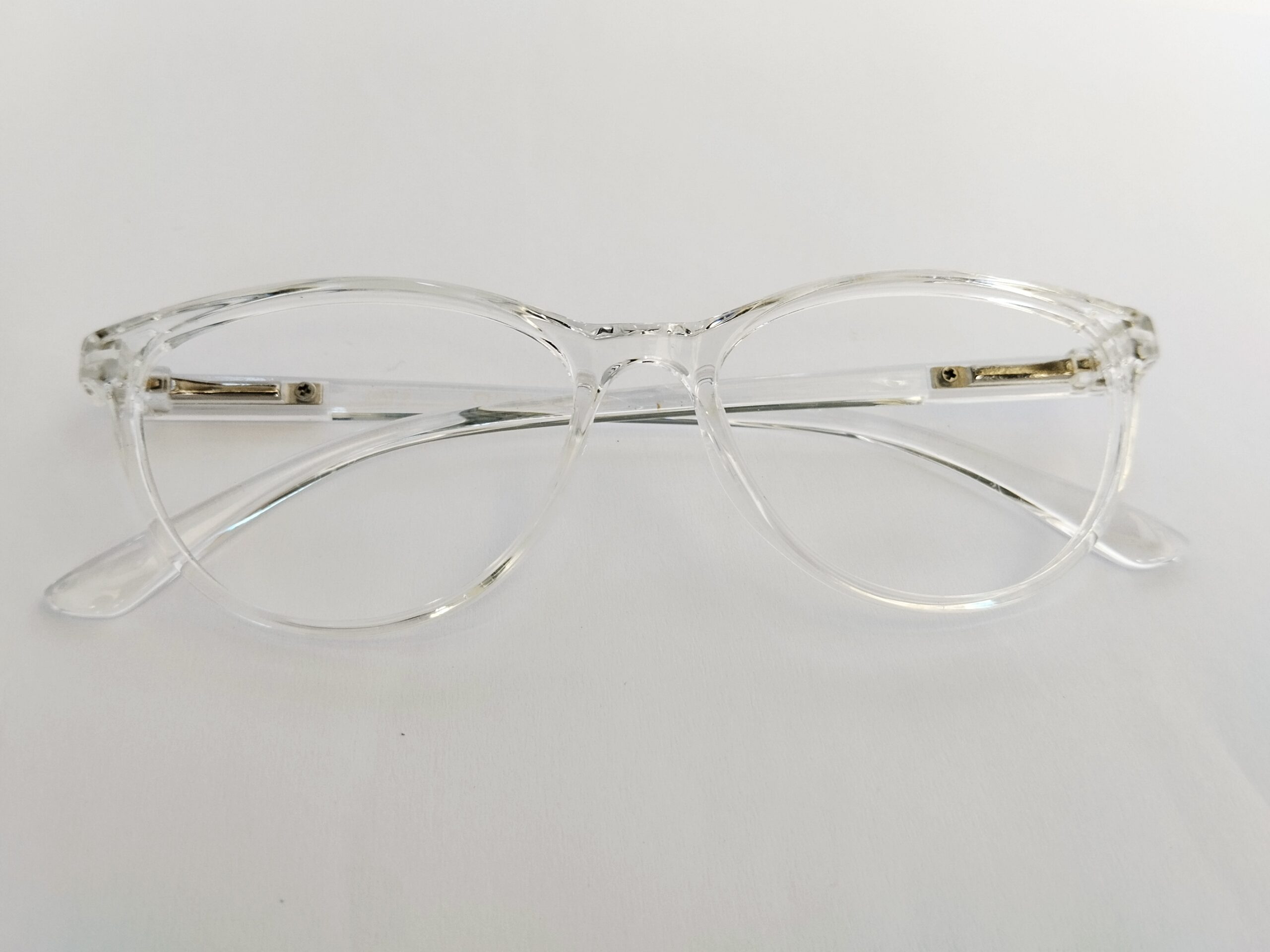 Crystal clear cat eye eyeglasses with modern upswept transparent design