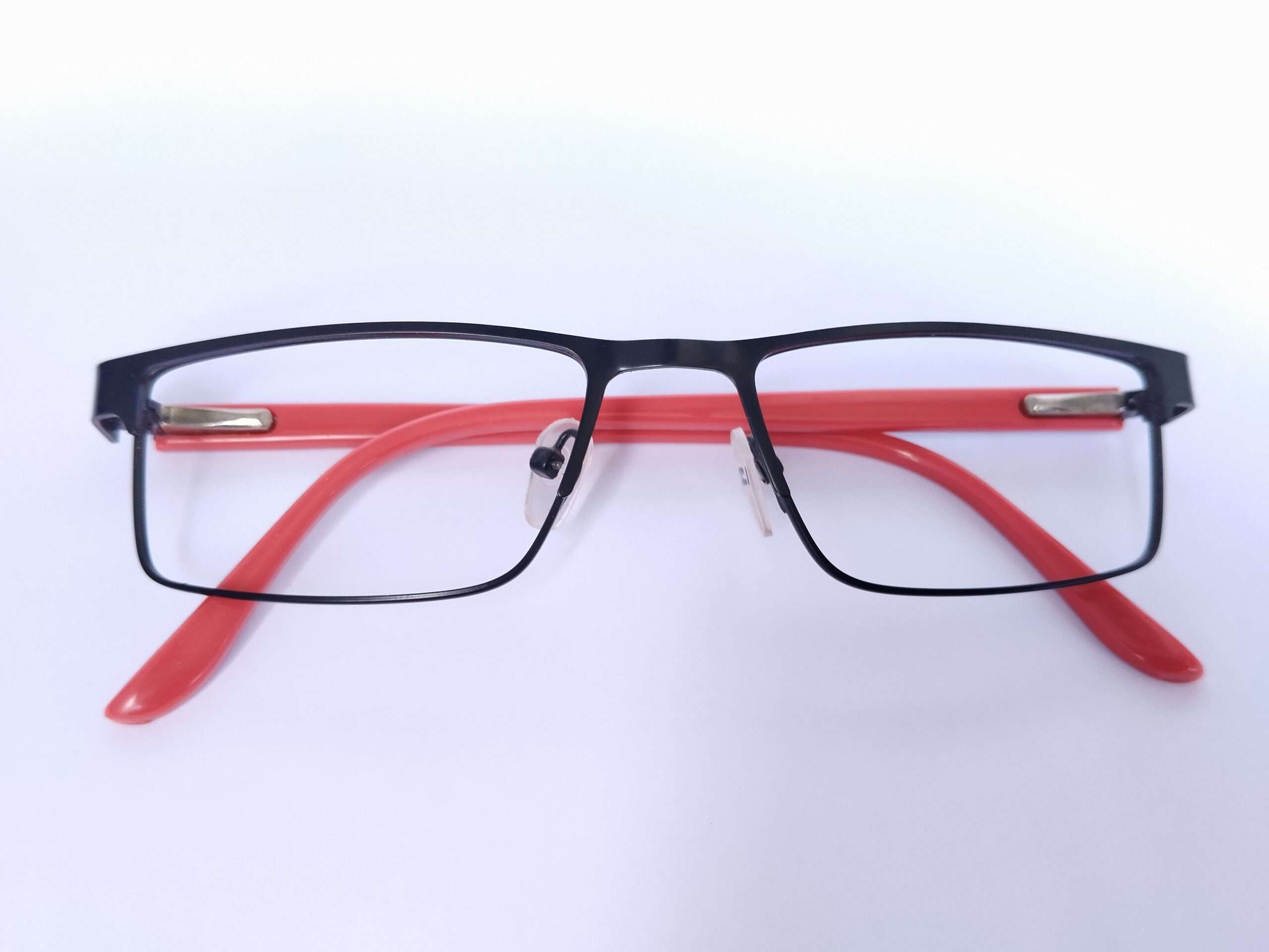 Black Red Metal Full Frame Good Reading Glasses featuring a dual-tone black and red metal frame with clear magnifying lenses designed for everyday reading comfort.