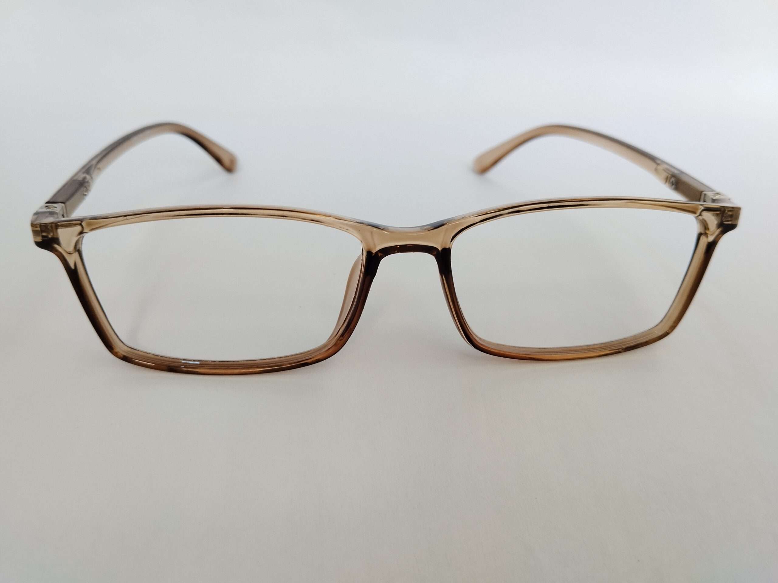 Light brown rectangle reading glasses with a slim, modern, lightweight frame.
