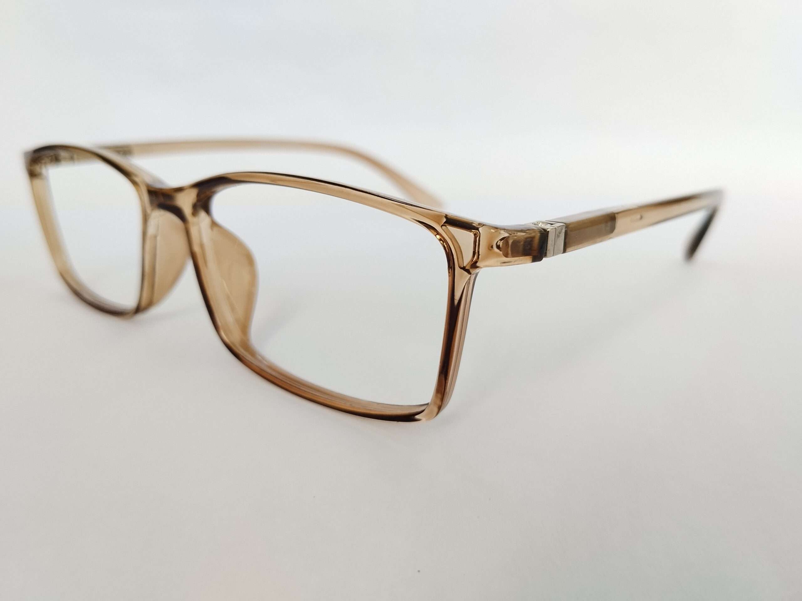 Light brown rectangle reading glasses with a slim, modern, lightweight frame.