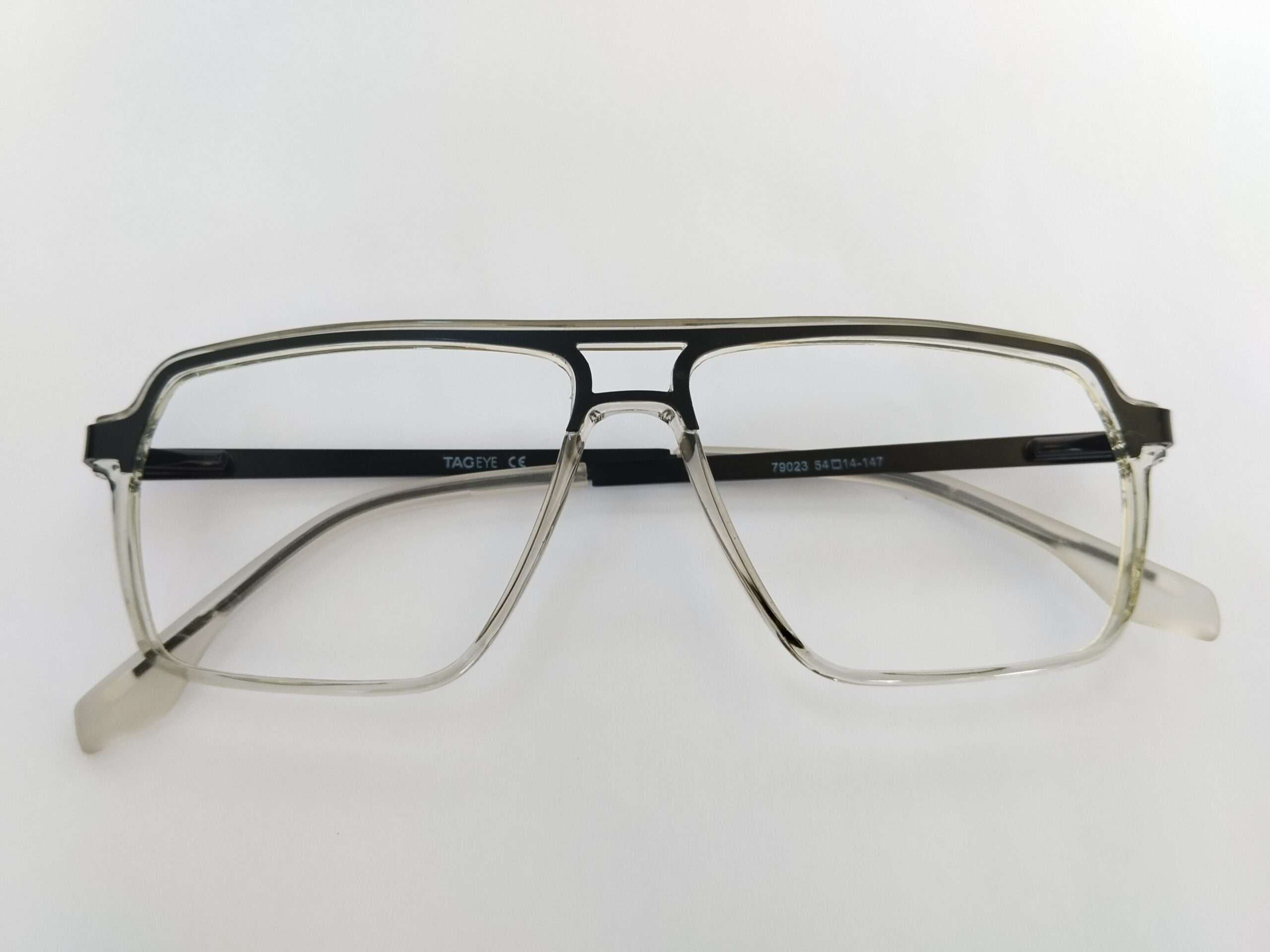 Glossy black grey aviator eyeglass frames with double bridge design and lightweight durable structure for everyday use