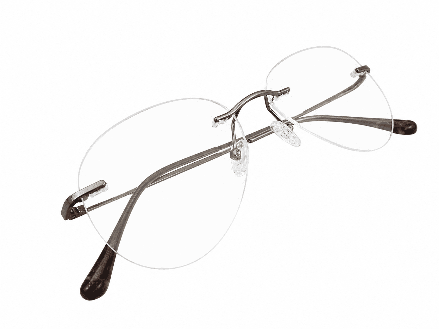 Frameless dark brown eyeglass aviator frames with lightweight premium metal design suitable for prescription lenses and everyday wear