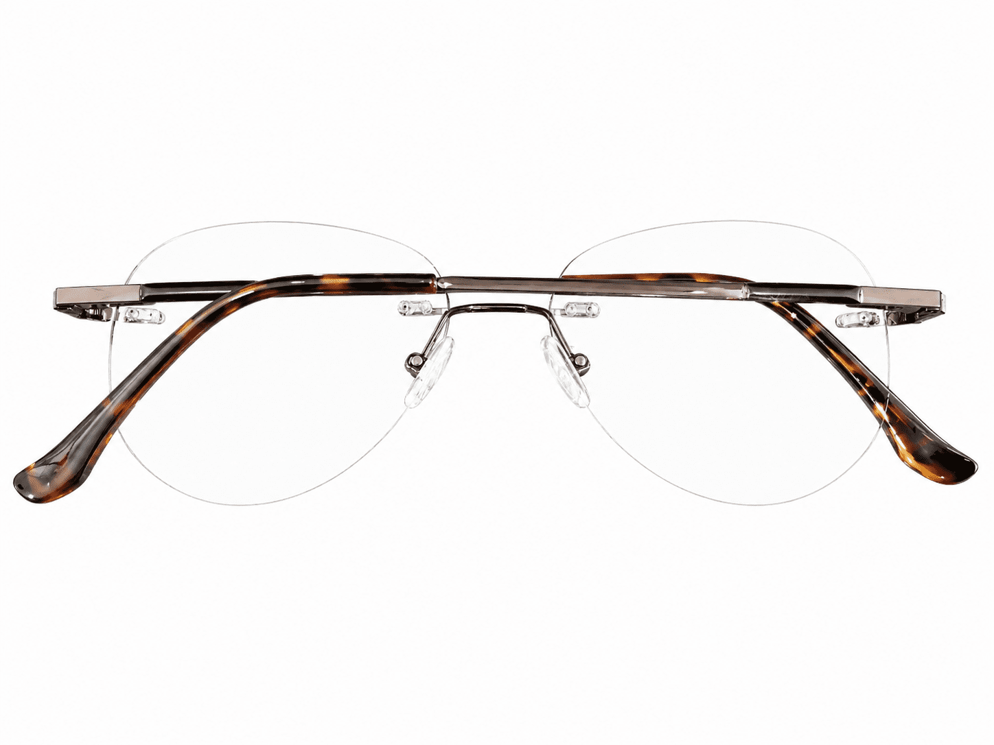 Frameless dark brown eyeglass aviator frames with lightweight premium metal design suitable for prescription lenses and everyday wear