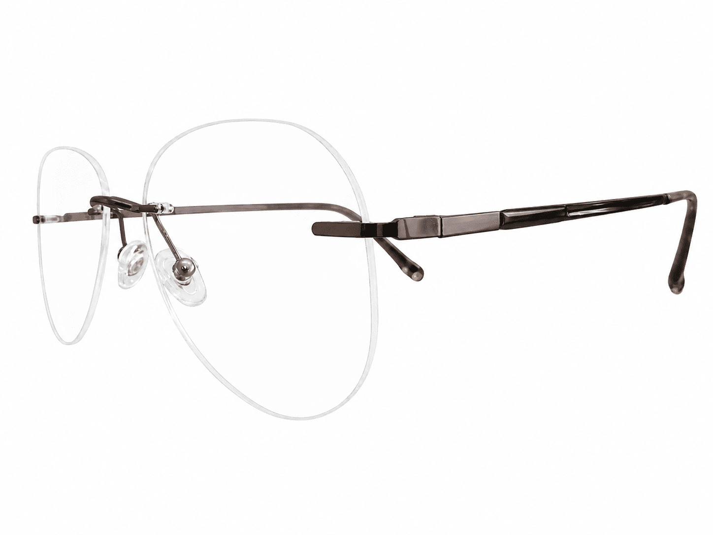 Frameless dark brown eyeglass aviator frames with lightweight premium metal design suitable for prescription lenses and everyday wear