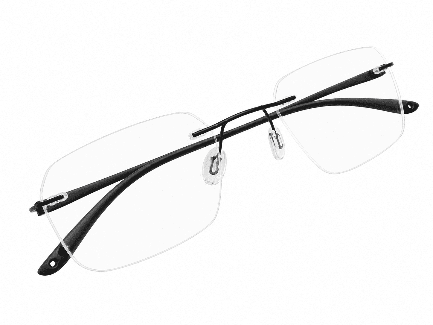 Matt black rimless rectangle glasses frames with lightweight rimless design suitable for prescription lenses and everyday wear