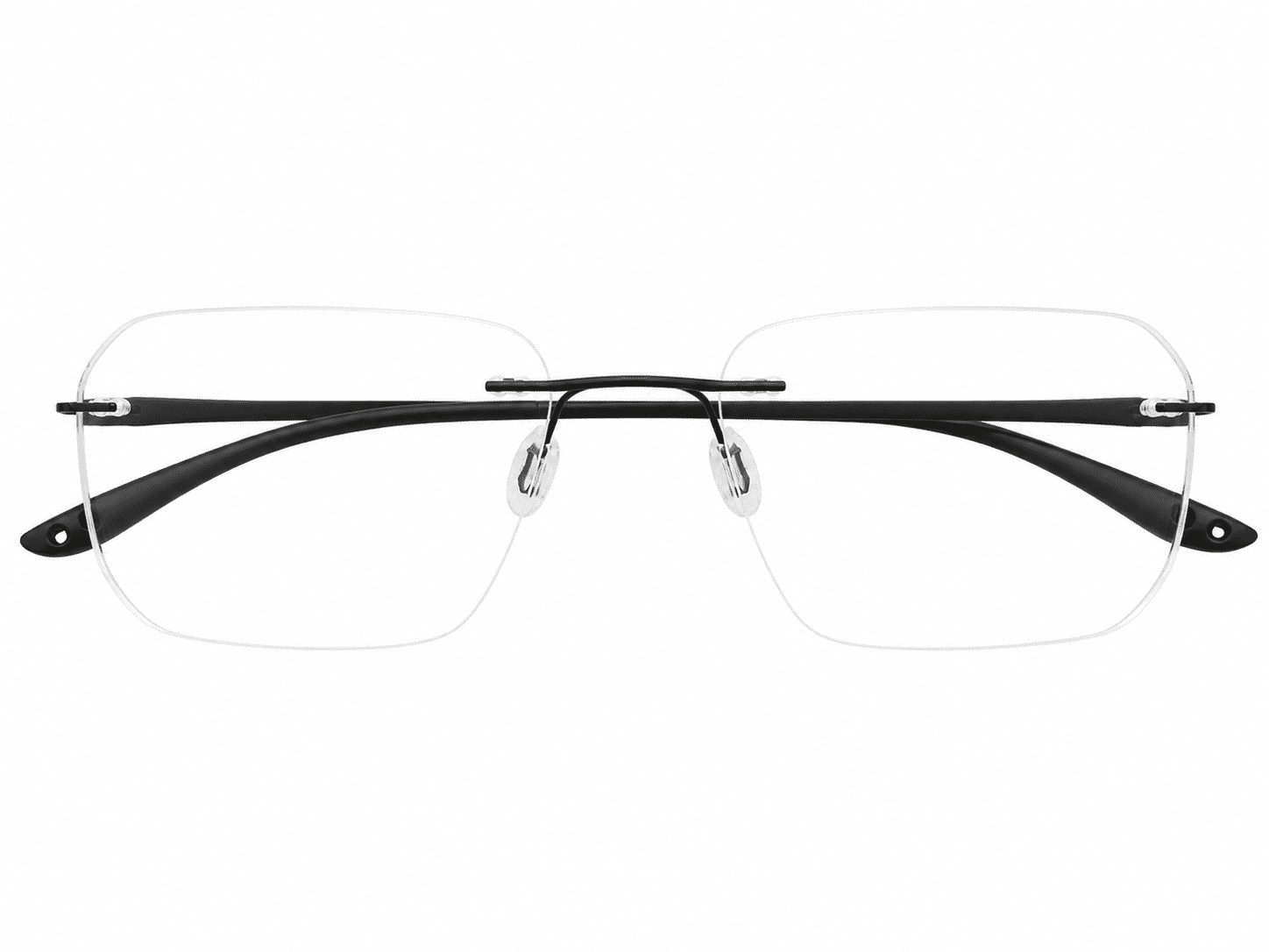 Matt black rimless rectangle glasses frames with lightweight rimless design suitable for prescription lenses and everyday wear