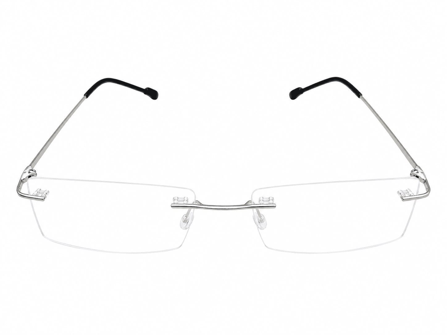 Frameless silver black eyeglasses with minimalist lightweight design and sleek modern temples