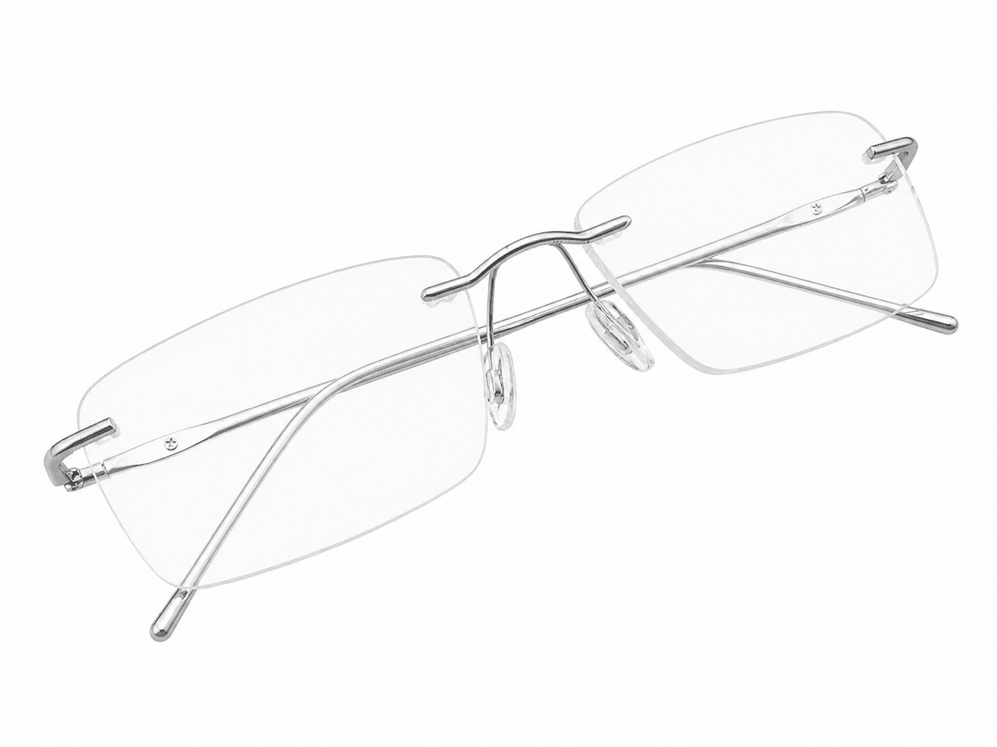Frameless soft edge aluminum silver eyeglass rectangle frames with lightweight premium design suitable for prescription lenses and everyday wear