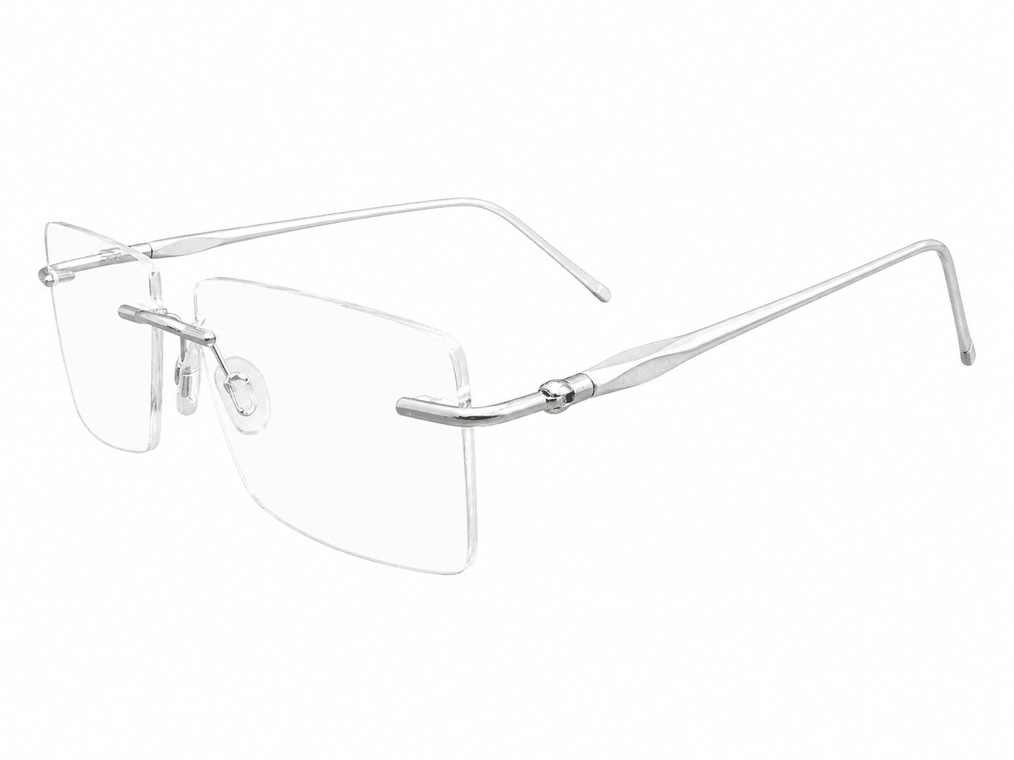 Frameless soft edge aluminum silver eyeglass rectangle frames with lightweight premium design suitable for prescription lenses and everyday wear
