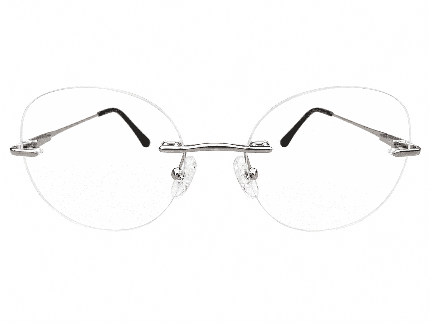 Frameless silver black round reading glasses with lightweight modern design and clear reading lenses