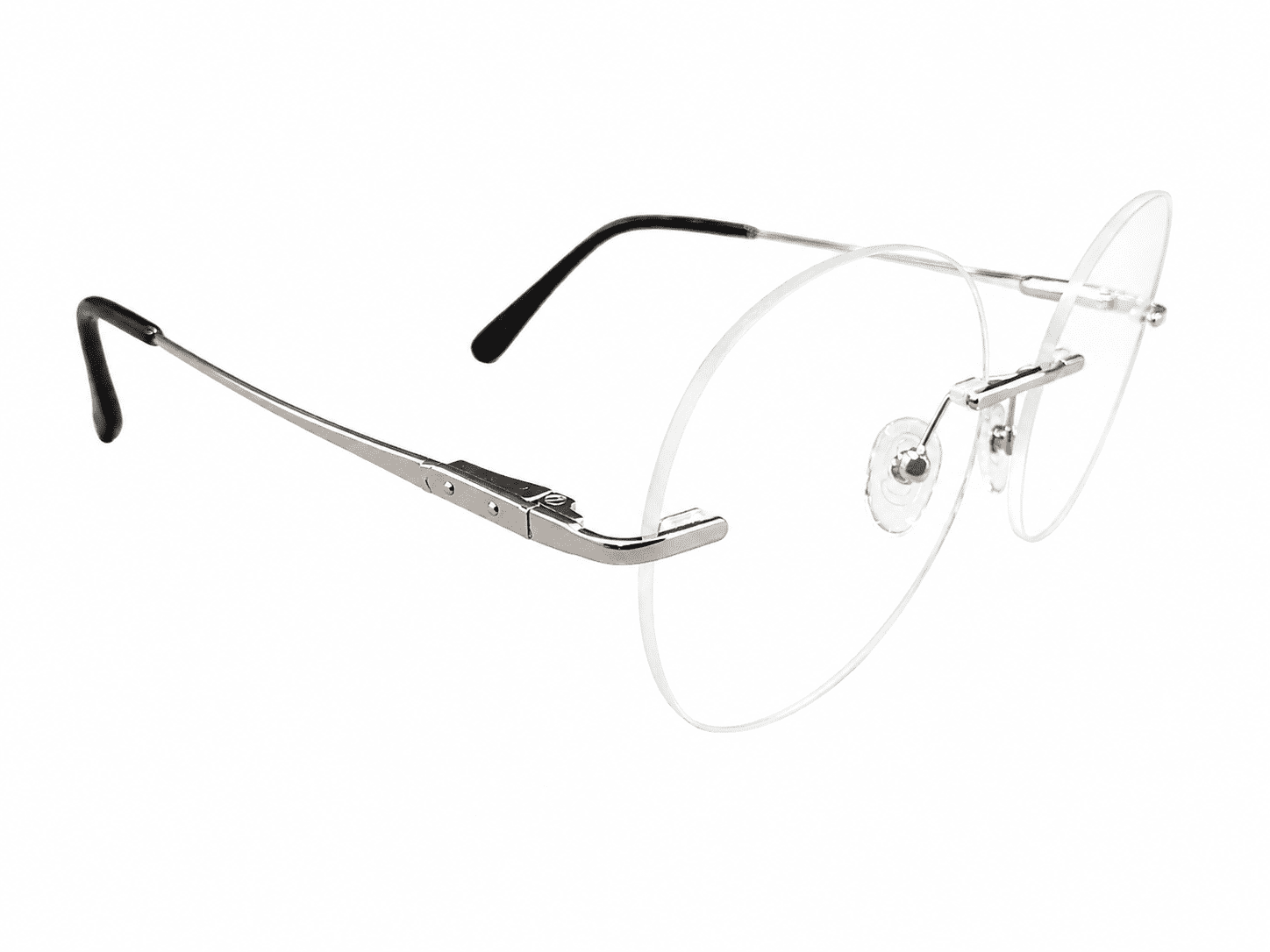 Soft edge silver black rimless round frames with lightweight design suitable for prescription lenses and everyday wear