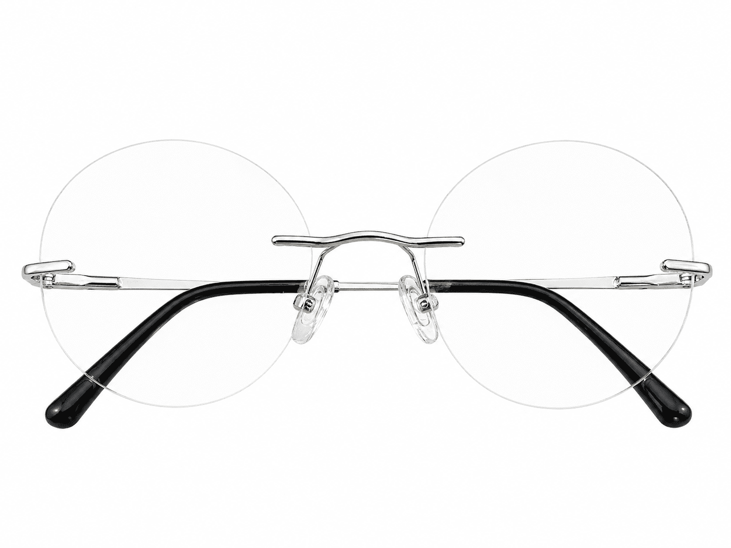 Frameless silver black round reading glasses with lightweight modern design and clear reading lenses