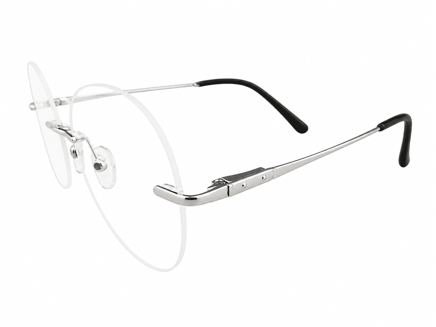 Soft edge silver black rimless round frames with lightweight design suitable for prescription lenses and everyday wear