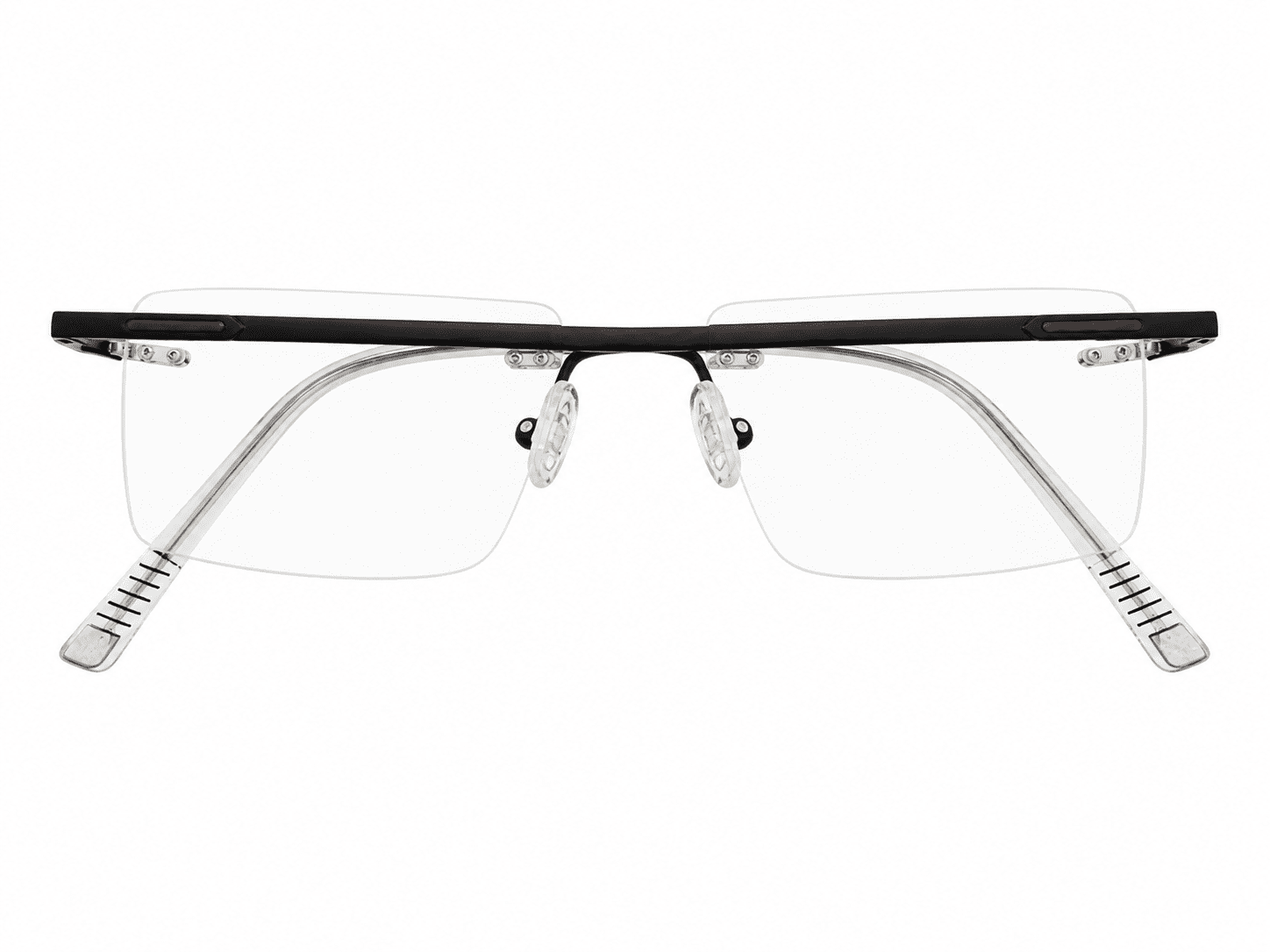 Frameless soft edge aluminum black eyeglass rectangle frames with lightweight premium design suitable for prescription lenses and everyday wear
