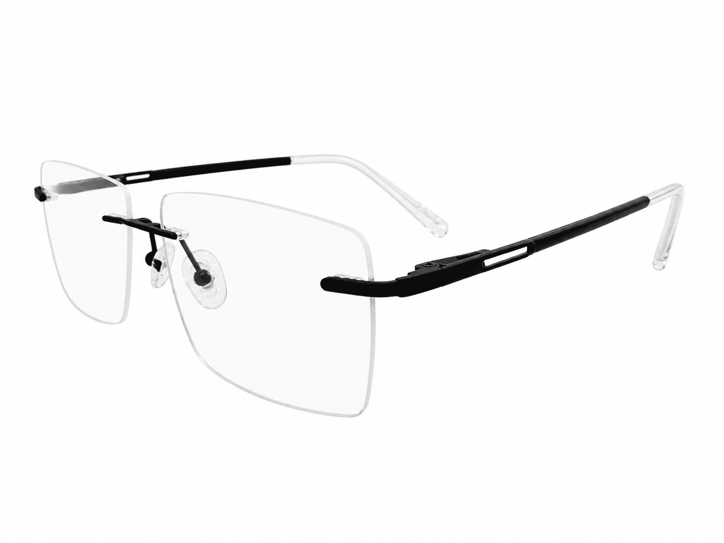 Frameless soft edge aluminum black eyeglass rectangle frames with lightweight premium design suitable for prescription lenses and everyday wear