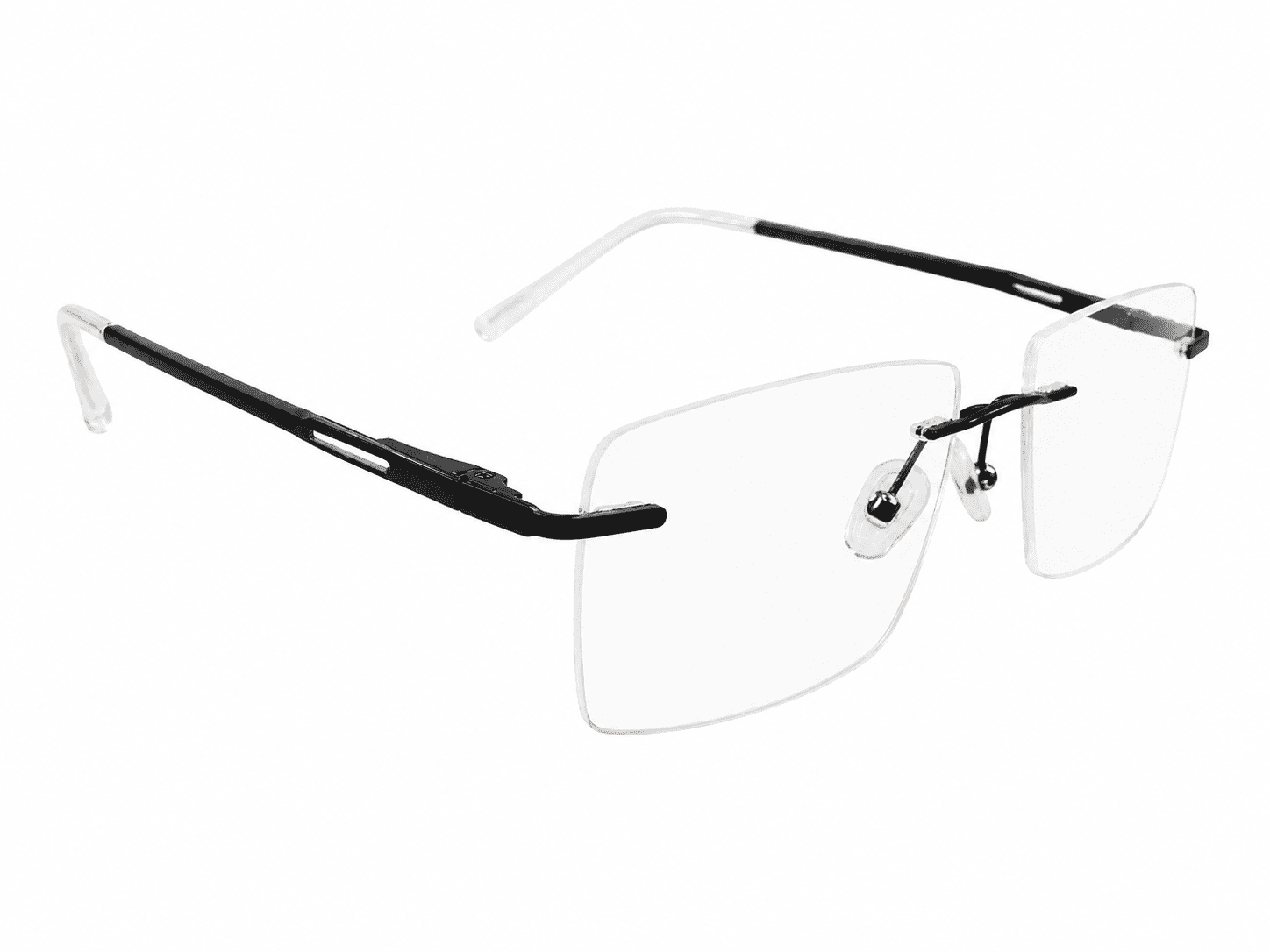 Frameless soft edge aluminum black eyeglass rectangle frames with lightweight premium design suitable for prescription lenses and everyday wear