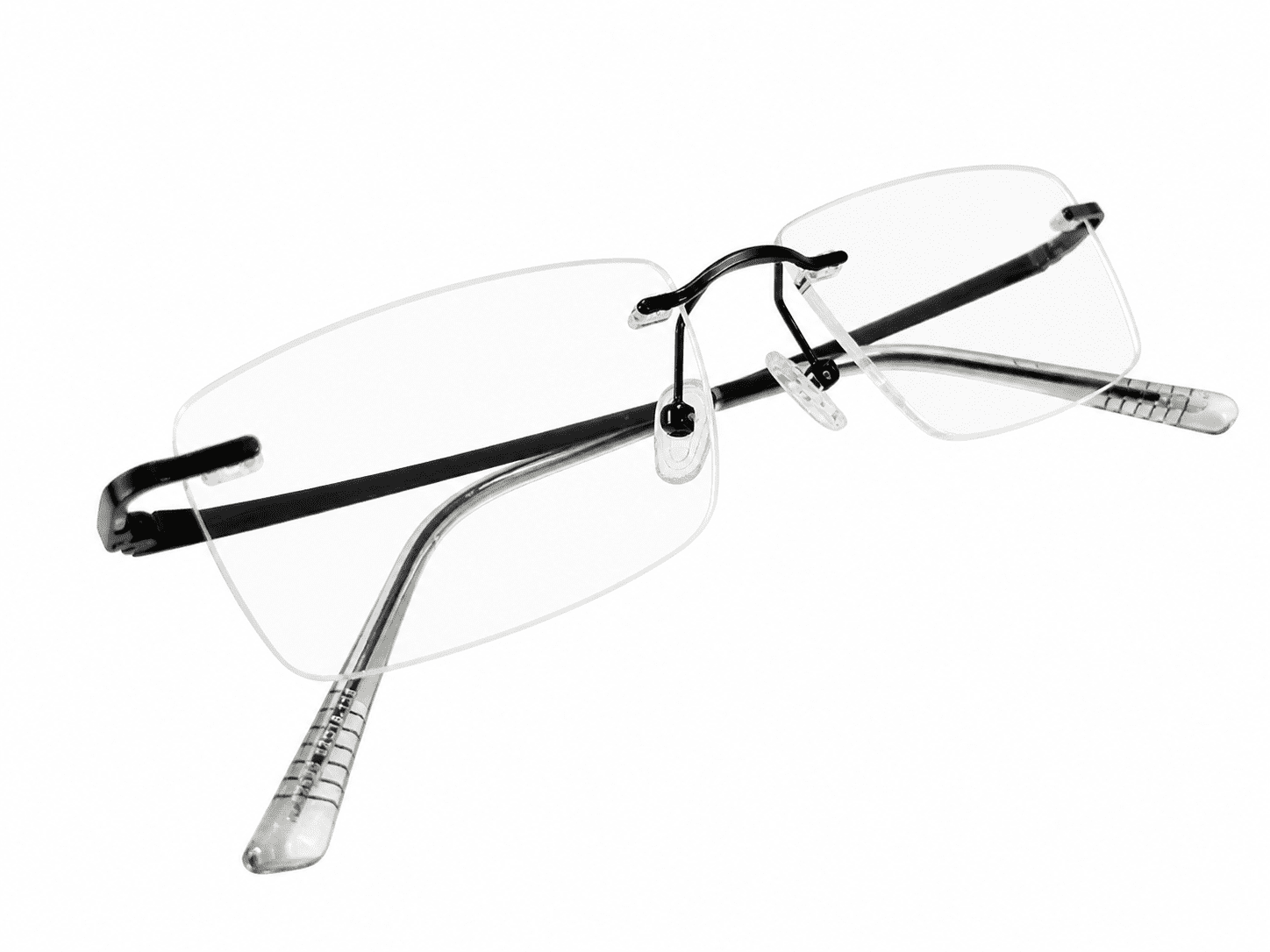 Frameless soft edge aluminum black eyeglass rectangle frames with lightweight premium design suitable for prescription lenses and everyday wear