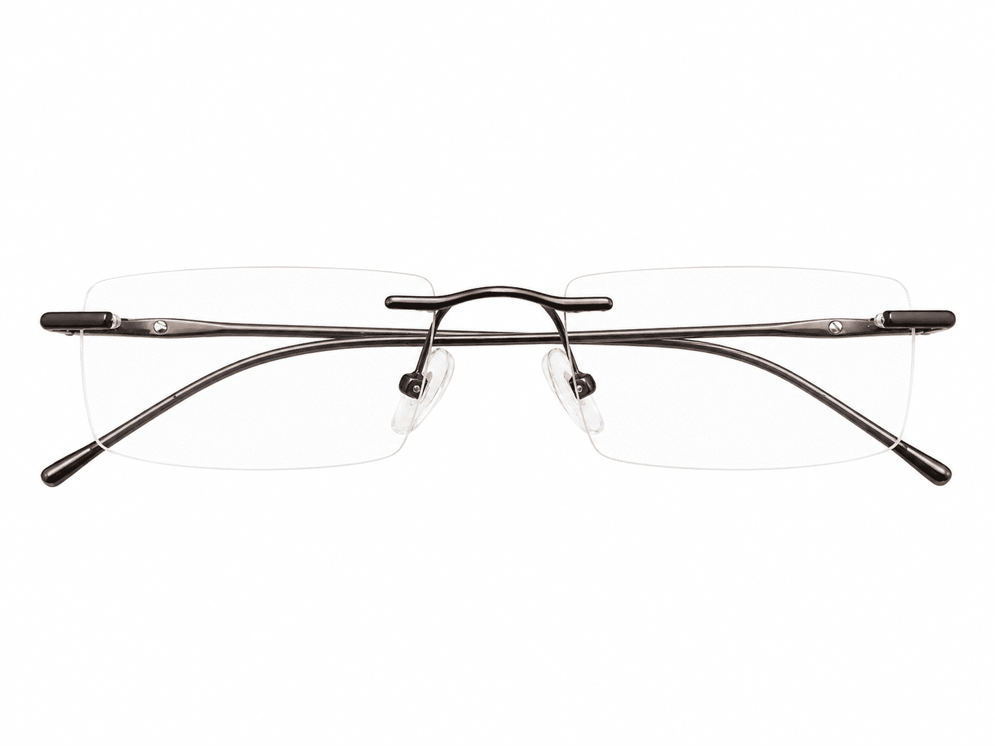 Frameless aluminum dark brown rectangle computer eyeglasses with blue light protection and lightweight design